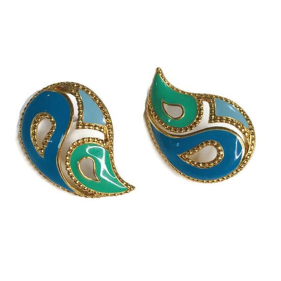 Gold Tone Teardrop Shape Enamel Cloissone Pierced Earrings Blue Green - Picture 2 of 3